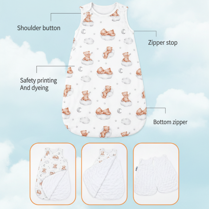 Bear-print sleep sack diagram showing shoulder snaps, zipper stop, and bottom zipper
