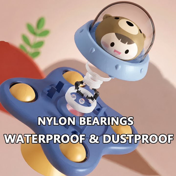 Exploded view of the bear spinner showing the character dome, central spindle, and blue base