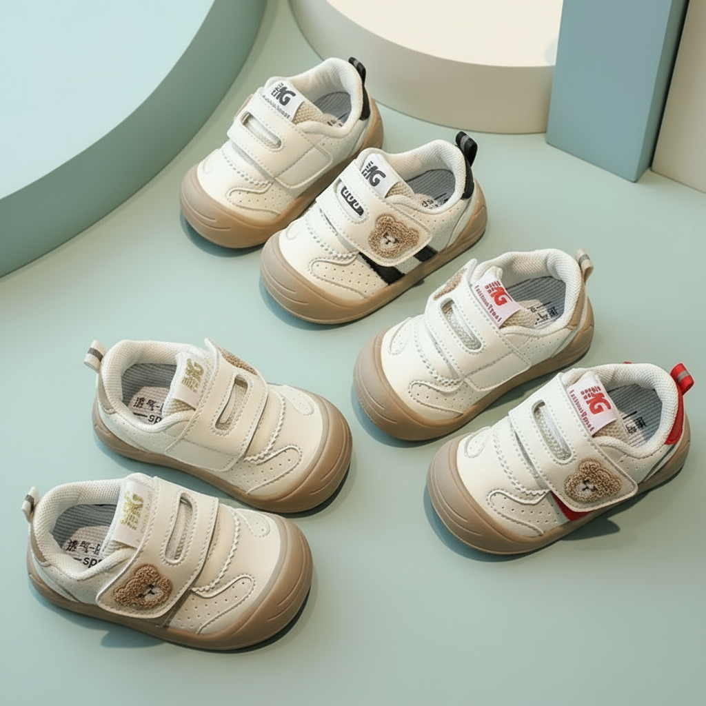 Bear-detail sneakers with khaki, red, and black accents arranged on a mint-green surface