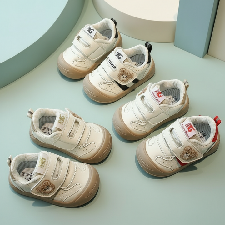 Bear-detail sneakers with khaki, red, and black accents arranged on a mint-green surface