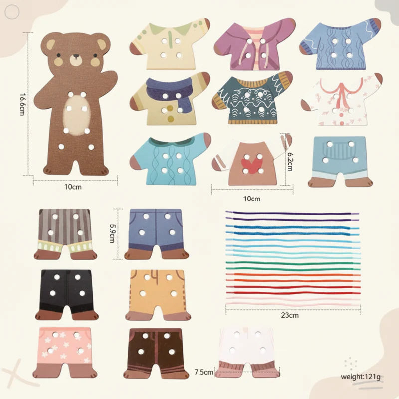 Size and contents chart showing the wooden bear, interchangeable clothing pieces, and colorful cords.
