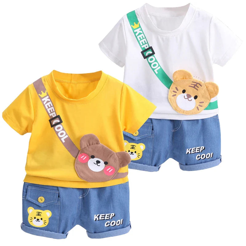 Yellow bear and white tiger T-shirt sets, each paired with blue shorts