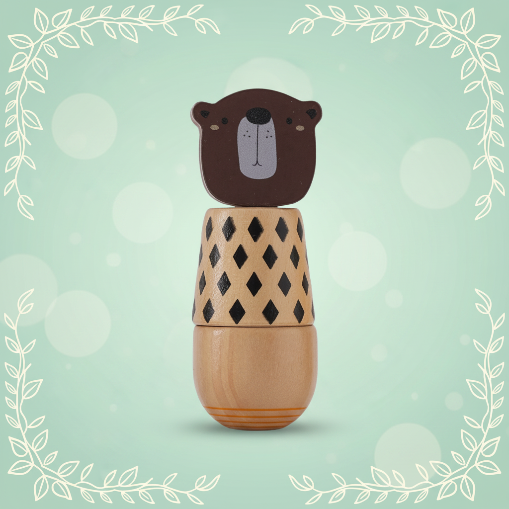 Bear wooden stacking toy with a brown face and black diamond-patterned body