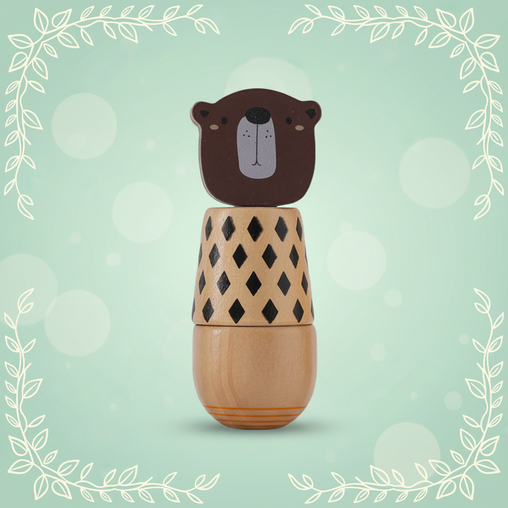 Bear wooden stacking toy with a brown face and black diamond-patterned body