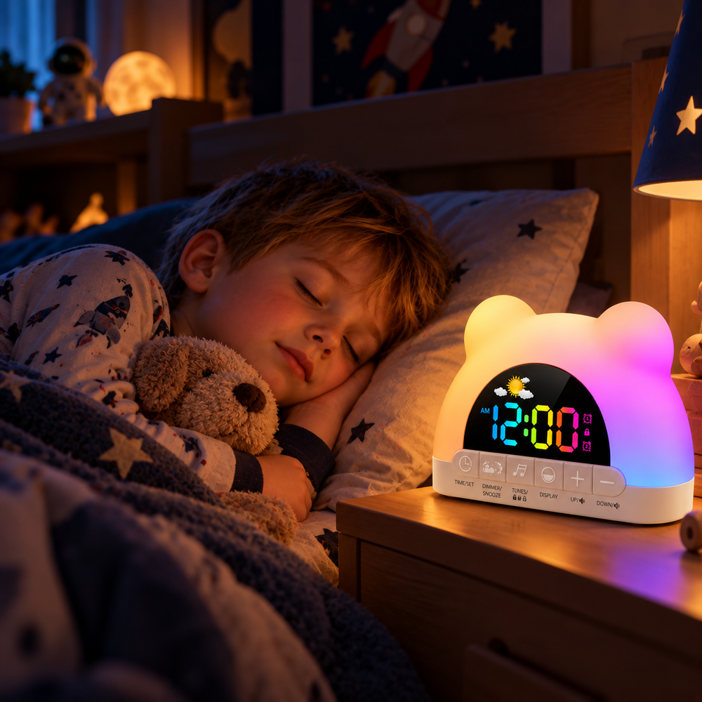 A child sleeping beside a colorful digital alarm clock on a bedside table.