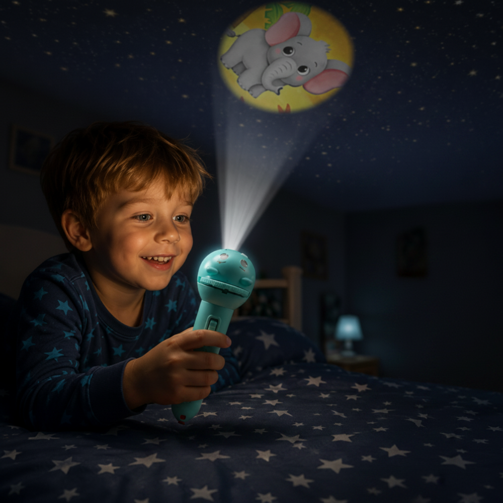 Child holding a blue projector flashlight in bed with an elephant picture projected above.