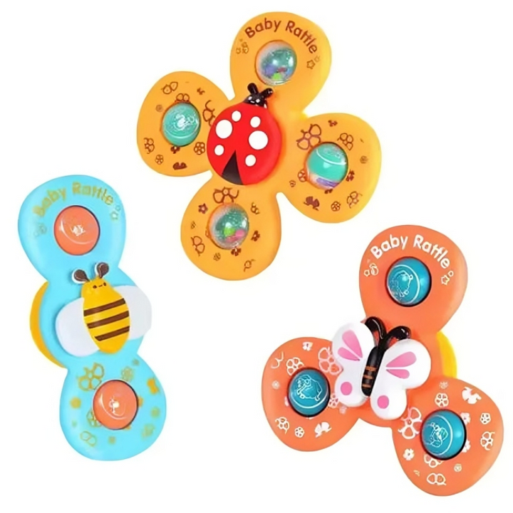 Insect suction spinner set featuring blue bee, yellow ladybug, and orange butterfly designs