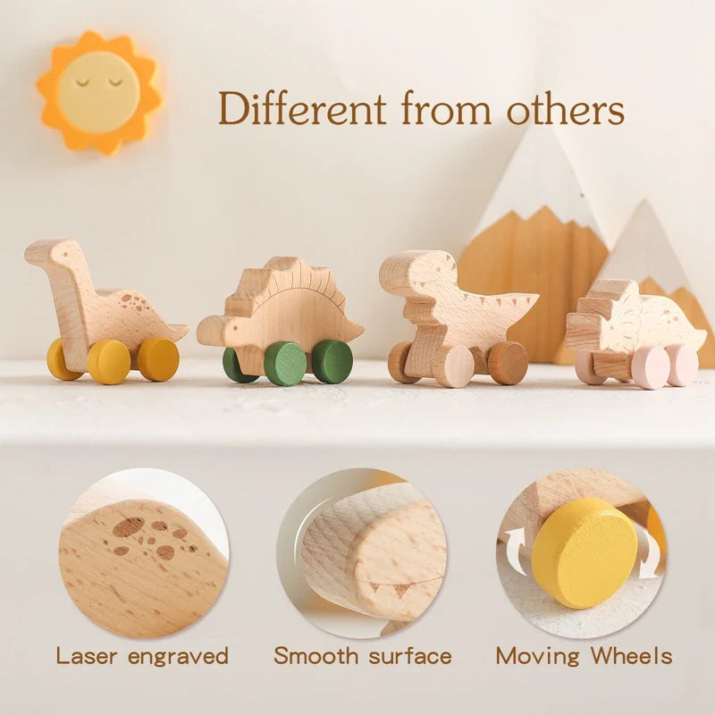 Wooden dinosaur cars with close-ups of engraved details, smooth wood surfaces, and moving wheels