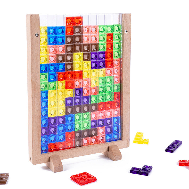 Colorful shaped blocks filling a wooden puzzle board, with loose pieces beside it