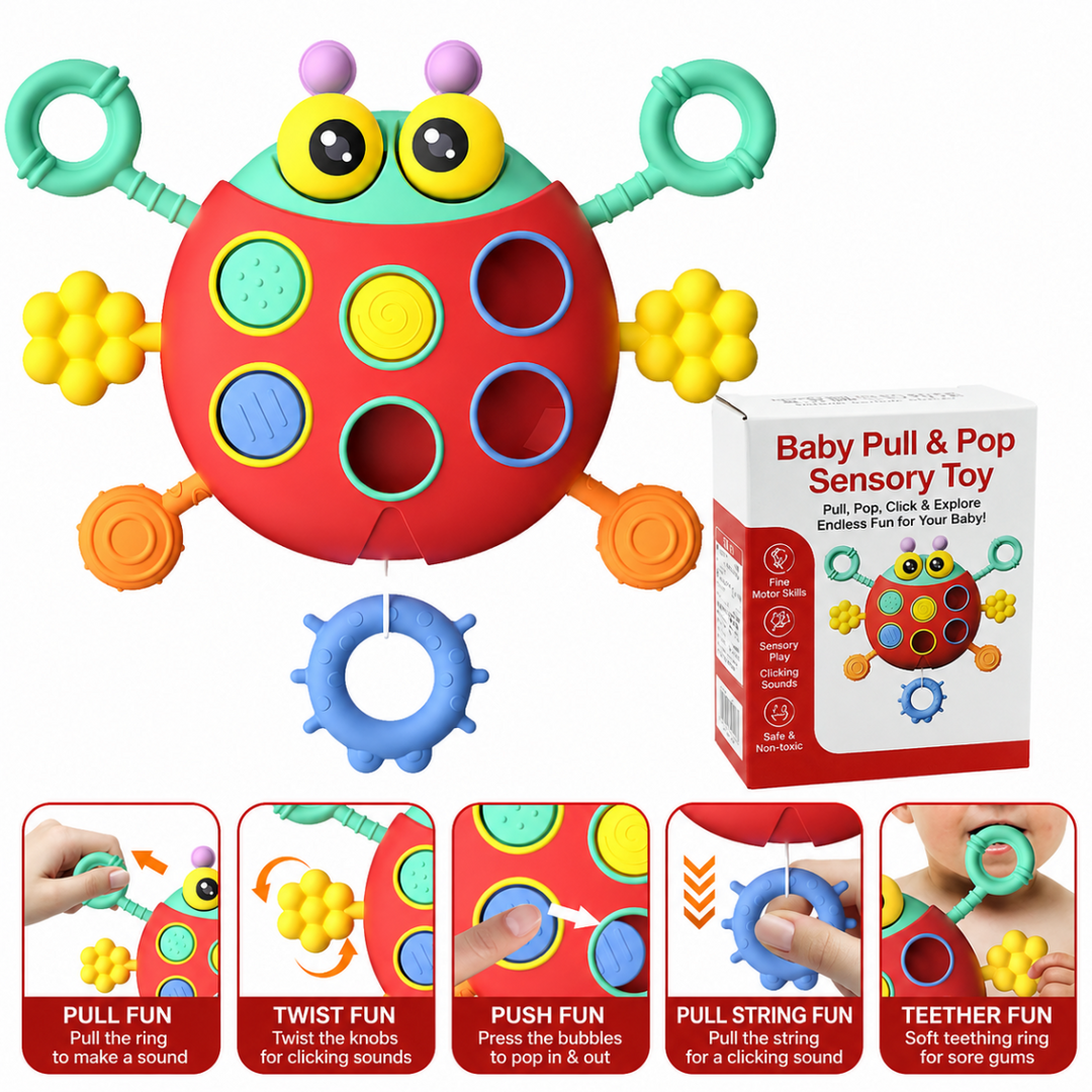 Beetle activity toy with colorful pop circles, pull loops, yellow flowers, and a retail box