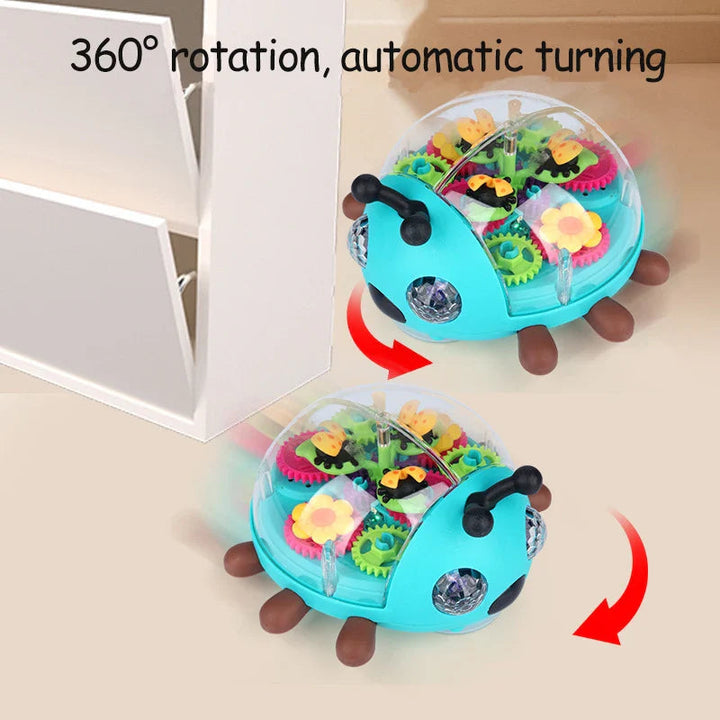 Beetle toy beside furniture with arrows illustrating automatic turning and rotation