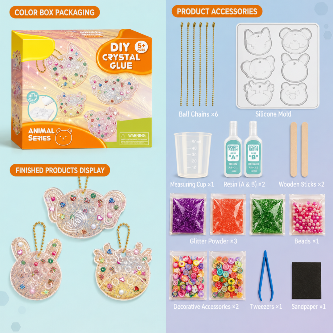 Beginner animal keychain kit with rabbit, bear, and cat charms, a silicone mold, and resin supplies