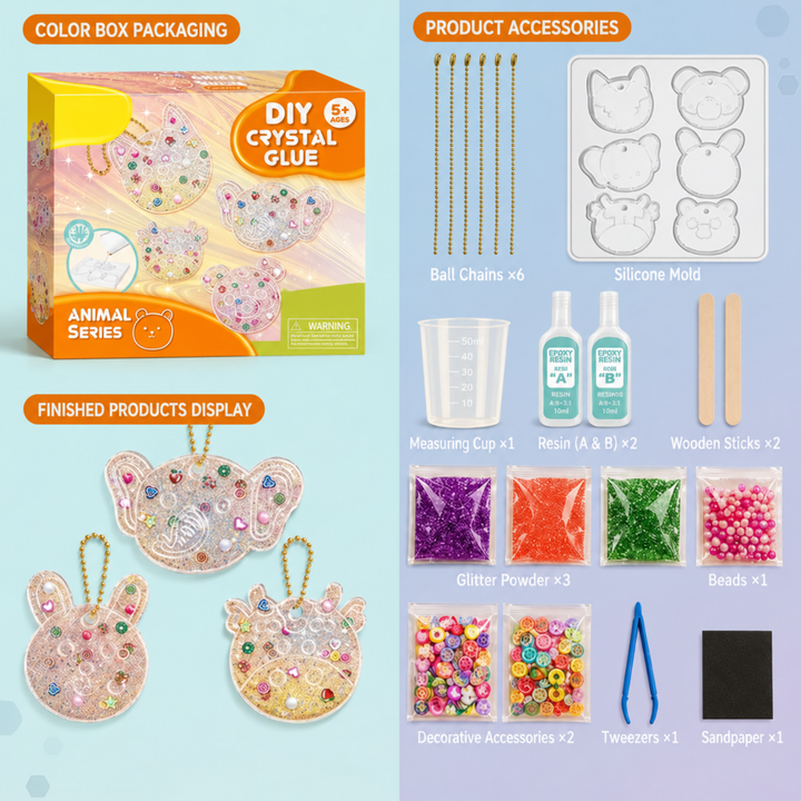 Beginner animal keychain kit with rabbit, bear, and cat charms, a silicone mold, and resin supplies