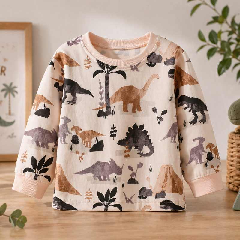 Beige sweatshirt covered in brown and gray dinosaurs with leaf and tree prints