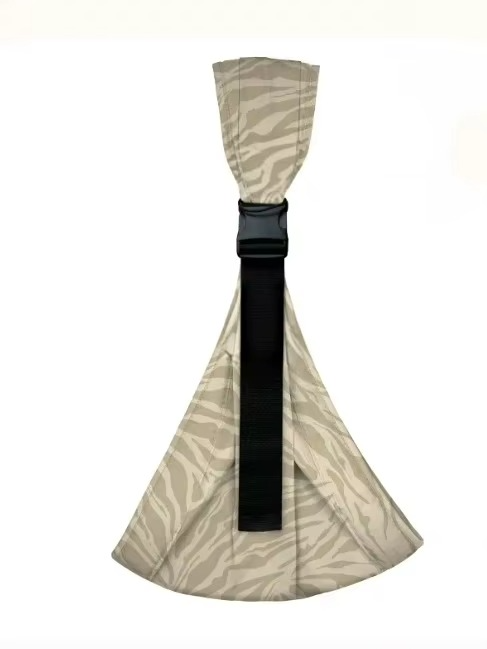 Beige hip carrier with a tonal animal-stripe pattern and black adjustable strap