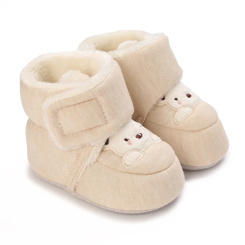 Beige baby boots with cream bear embroidery, plush lining and hook-and-loop straps