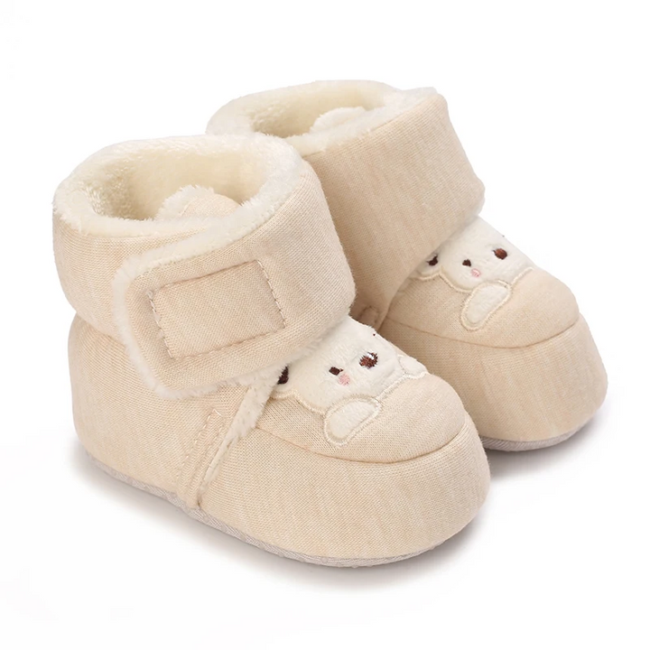 Beige baby boots with cream bear embroidery, plush lining and hook-and-loop straps