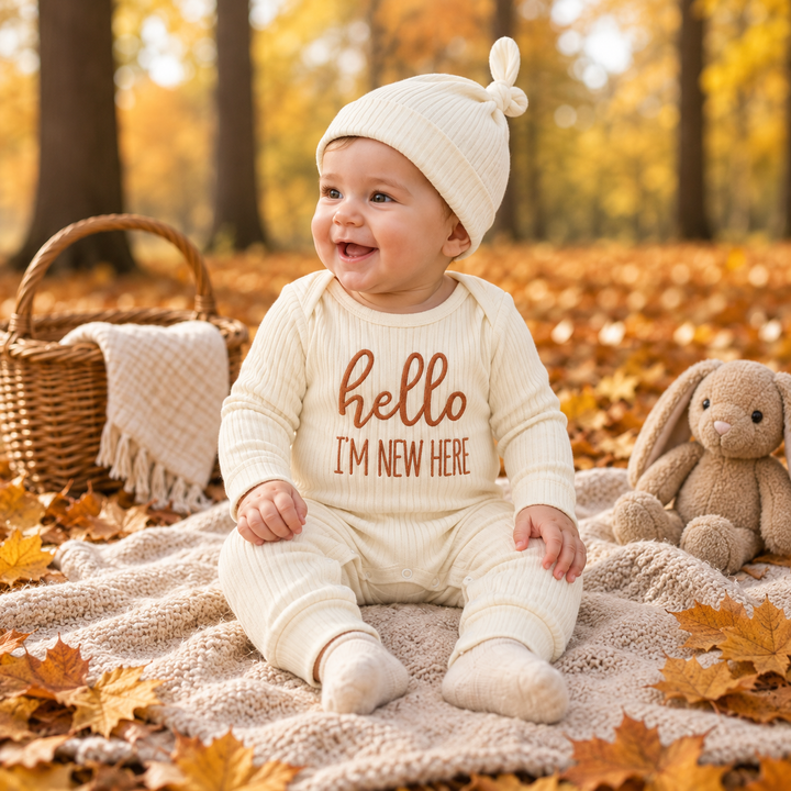 Baby wearing a beige ribbed jumpsuit and knotted beanie outdoors among autumn leaves