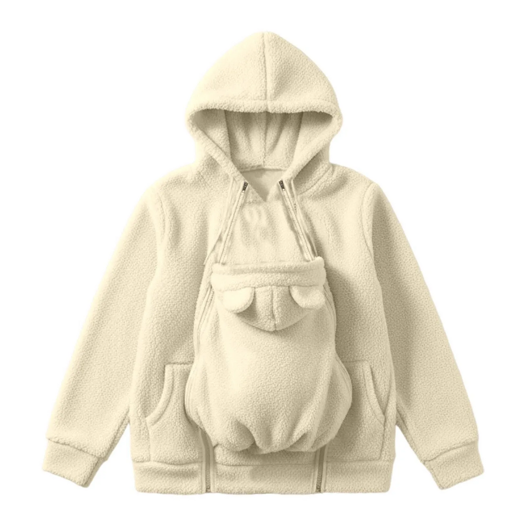 Beige hooded babywearing jacket with a front carrying section and rounded ear details