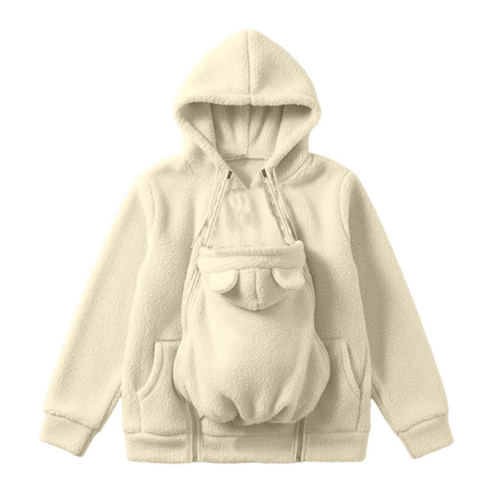 Beige hooded babywearing jacket with a front carrying section and rounded ear details