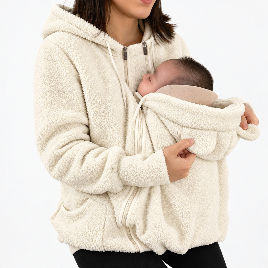 Woman wearing a beige babywearing jacket with a baby nestled in the front section