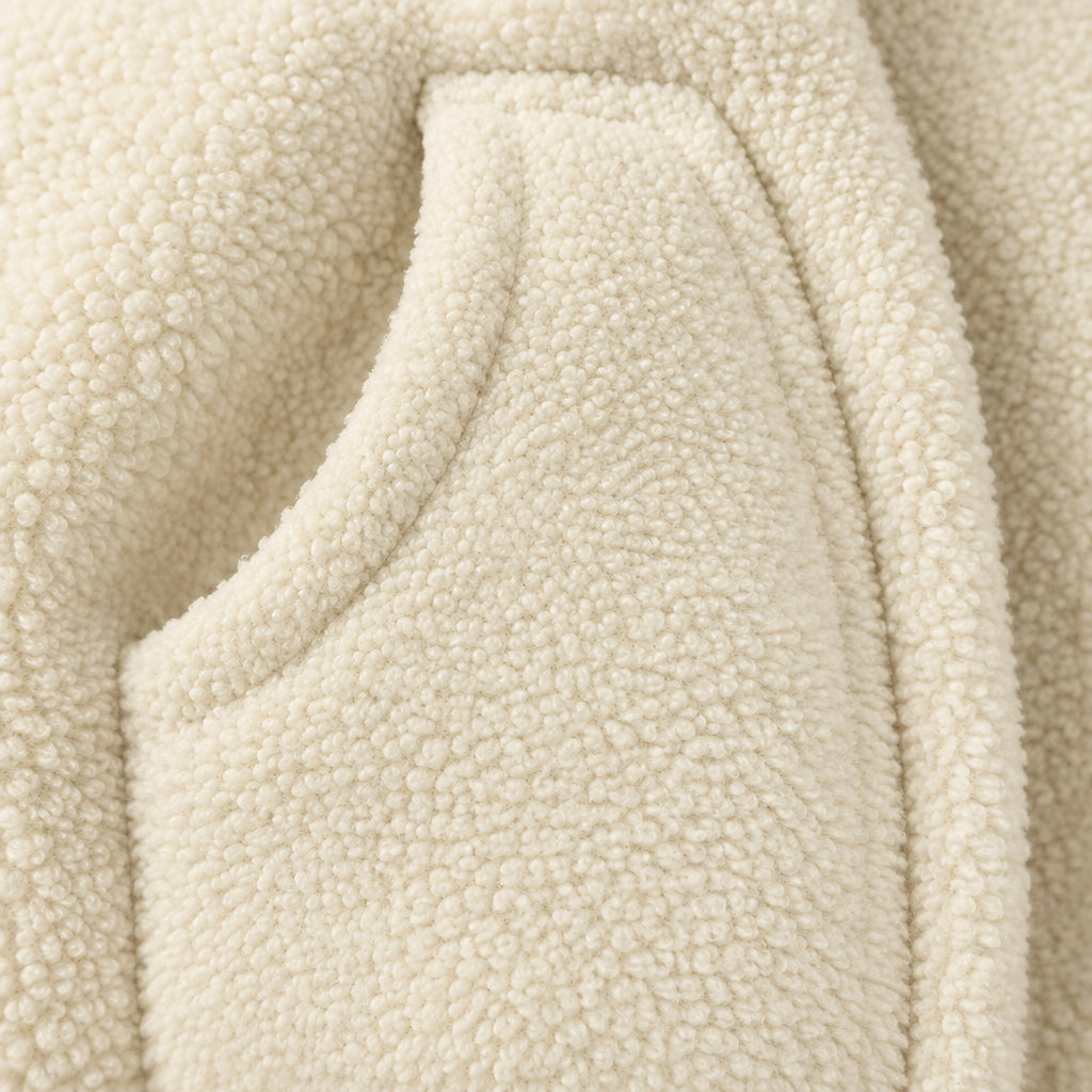 Curved side pocket on the textured beige babywearing jacket