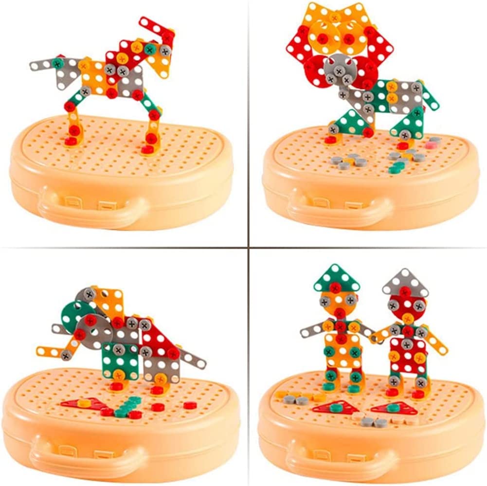 Four example builds on a beige base, including a horse, flower, and dinosaur