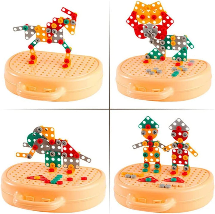 Four example builds on a beige base, including a horse, flower, and dinosaur