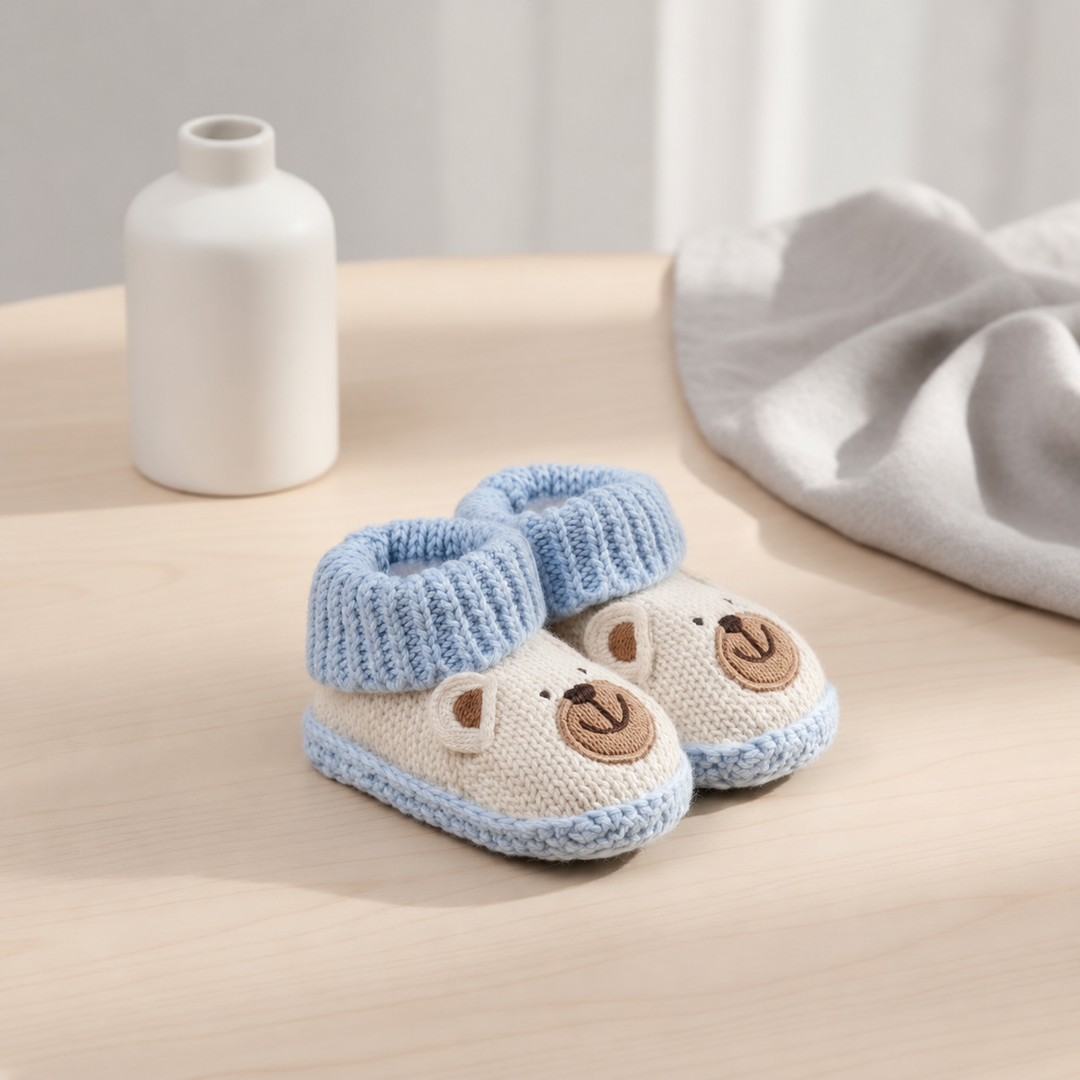 Beige bear baby booties with blue cuffs on a wooden tabletop