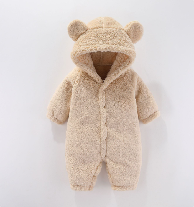 Beige fleece baby romper with a bear-ear hood and cuffed legs