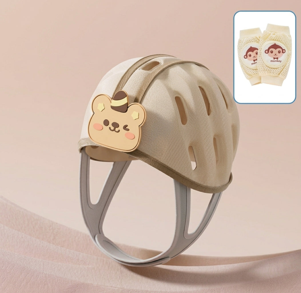 Beige bear headguard with two yellow monkey knee pads shown in the inset