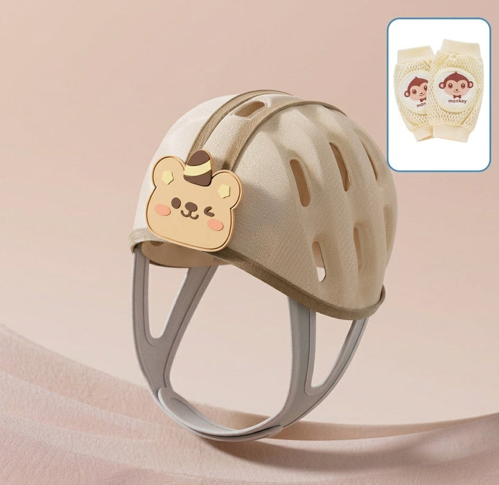 Beige bear headguard with two yellow monkey knee pads shown in the inset