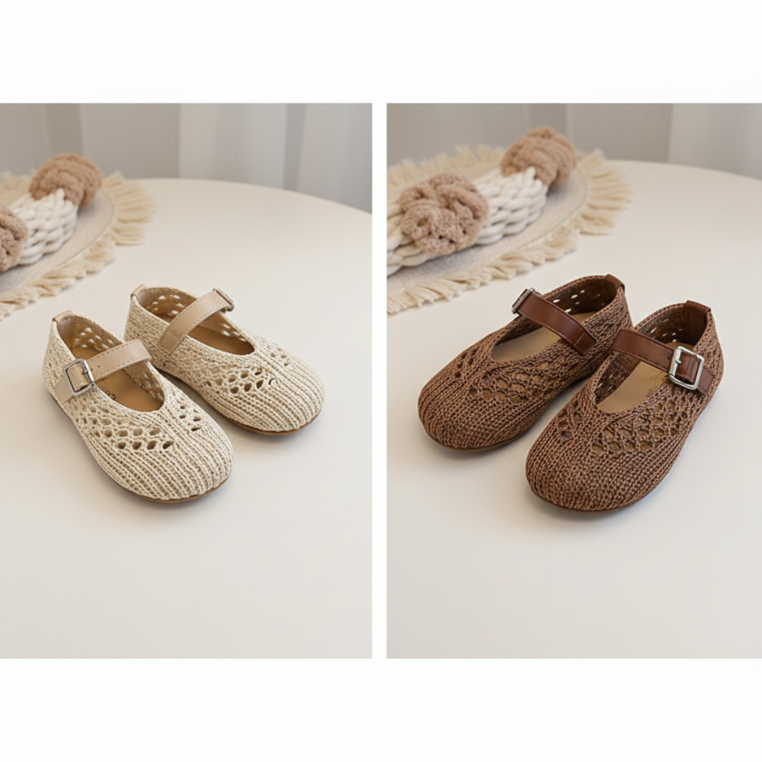 Beige and brown Mary Jane flats displayed side by side on a table