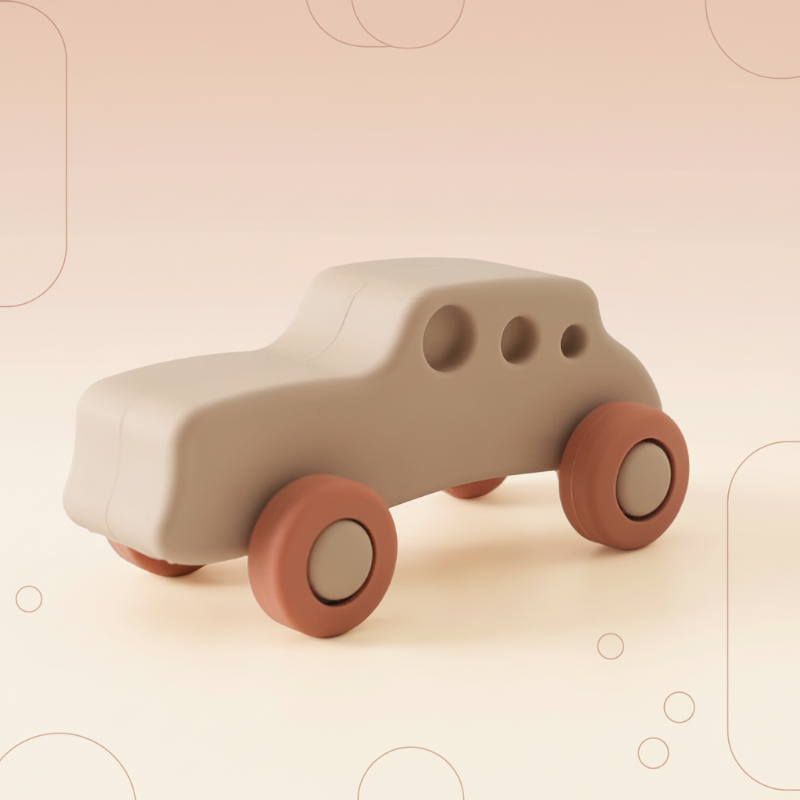 Beige toy car with three window openings and brown wheels