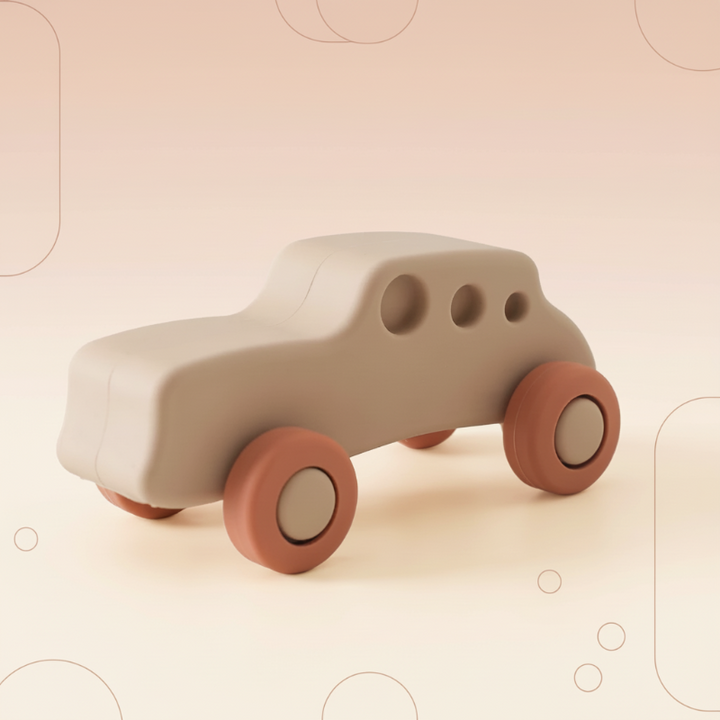 Beige toy car with three window openings and brown wheels
