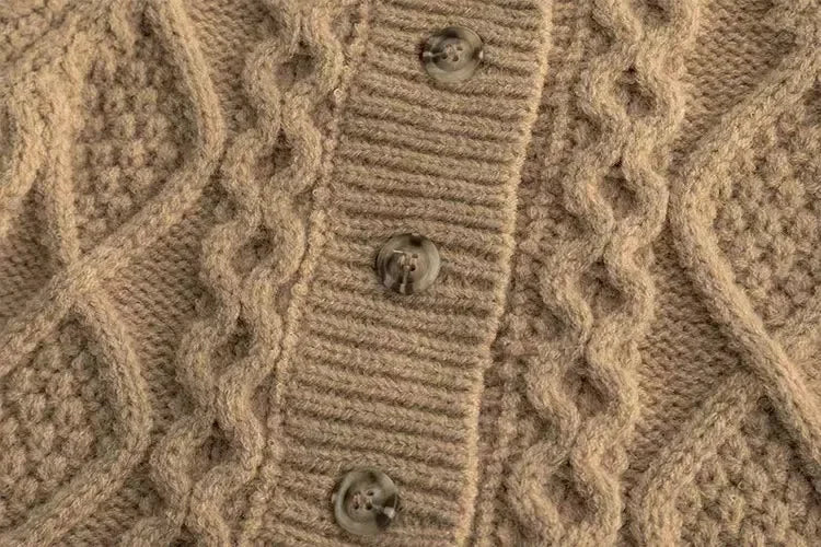 Beige cardigan button placket surrounded by cable and diamond-knit patterns