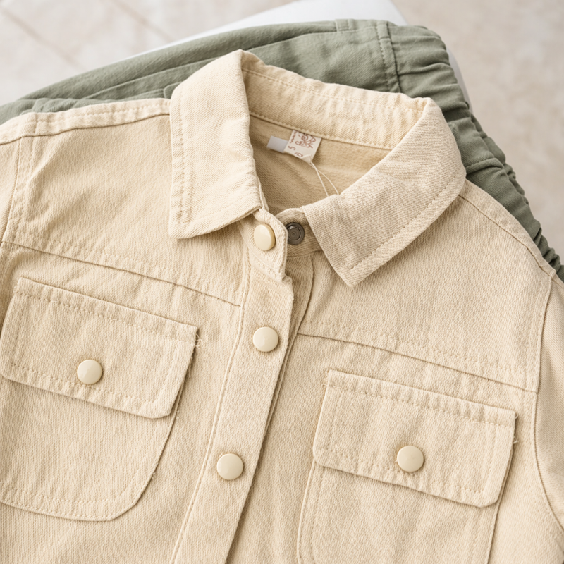 Sand beige collared shirt layered over sage green pants, showing flap chest pockets