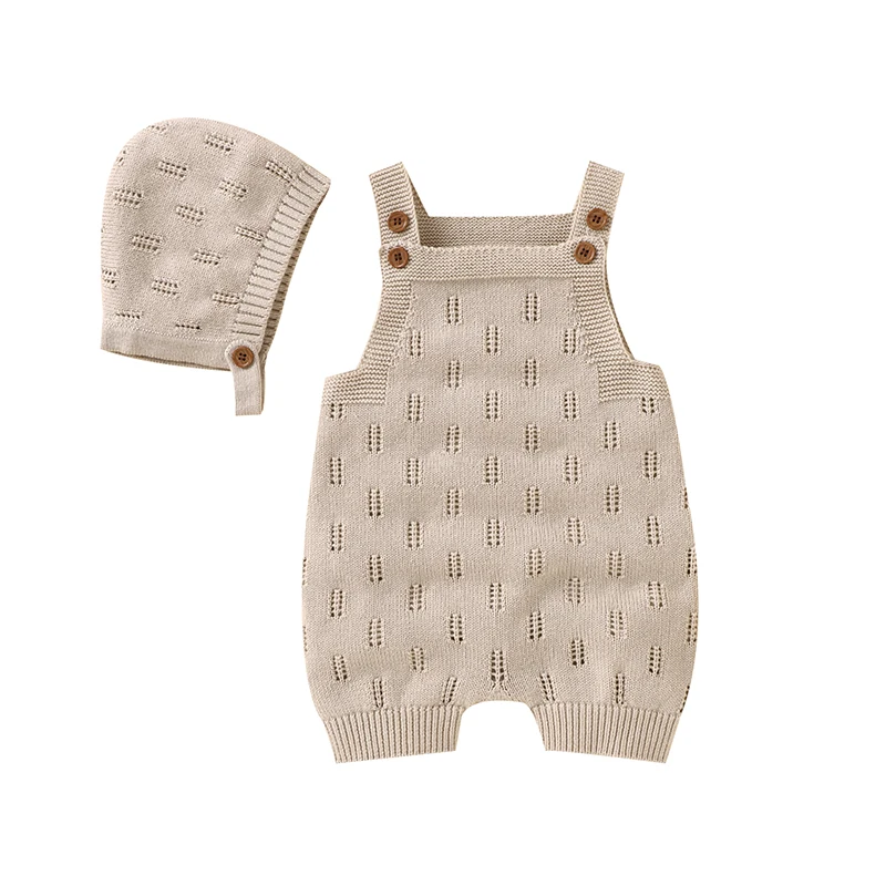 Beige baby overalls with a square neckline and ribbed leg cuffs, paired with a matching knitted hat.