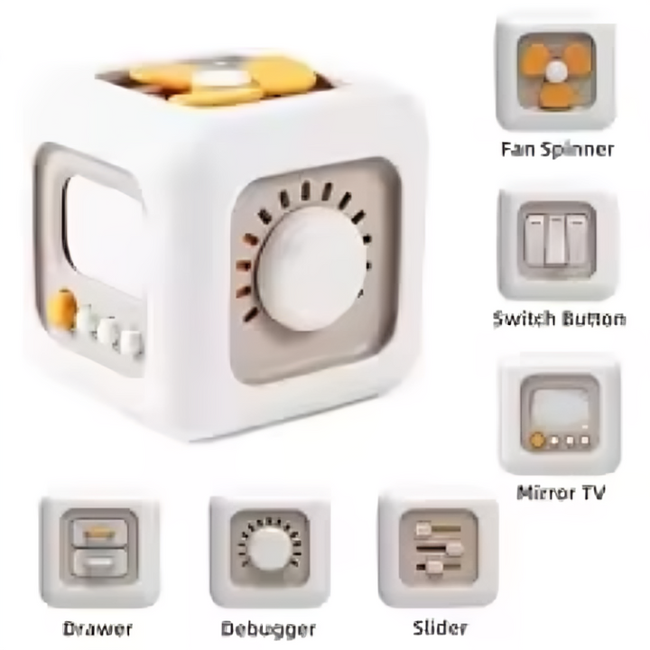 Beige cube activity chart showing a flower spinner, switches, mirror panel, drawer, dial, and sliders