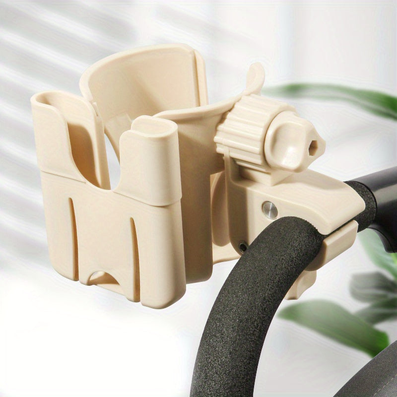 Beige cup and phone holder showing the drink compartment, phone slot, and mounting clamp.