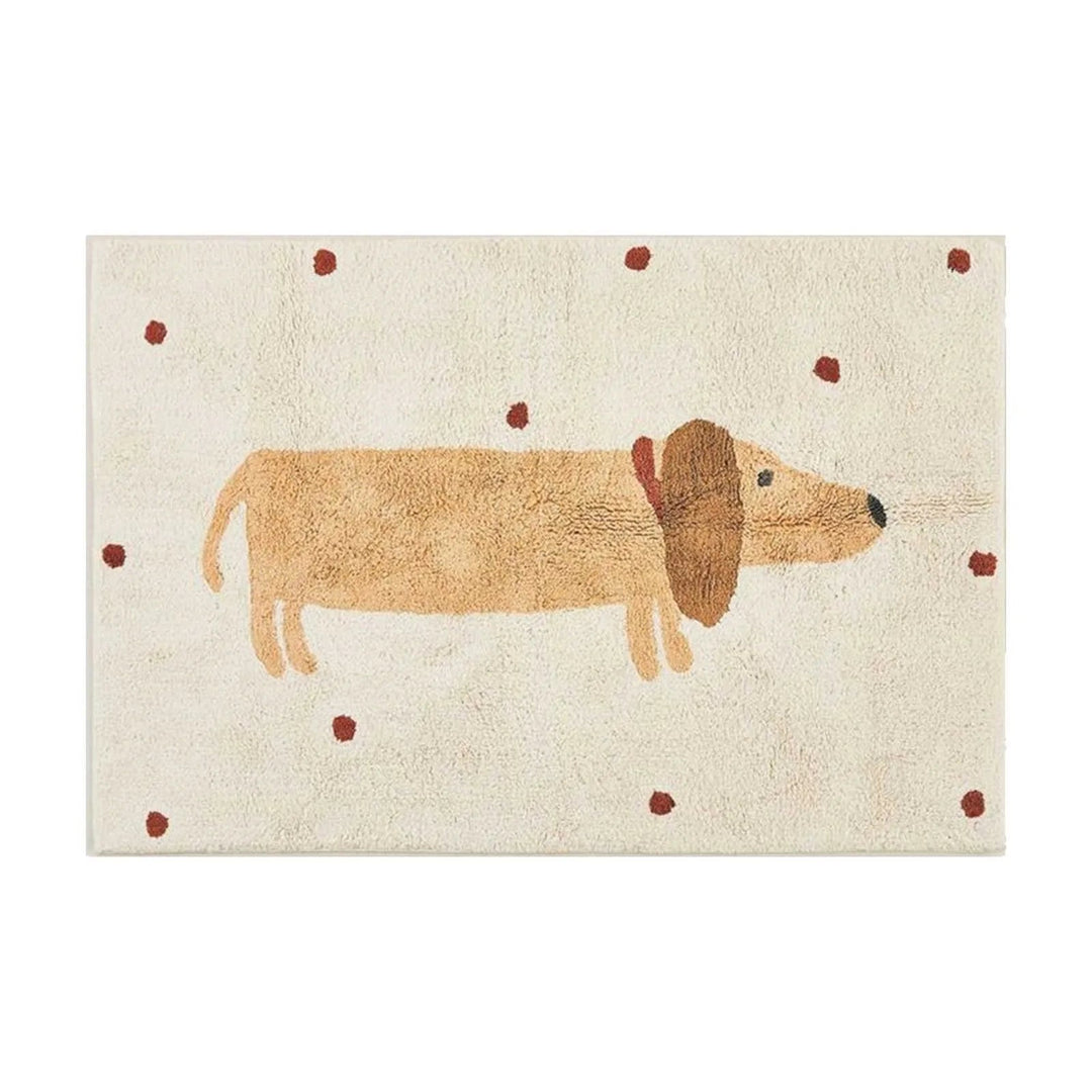 Full view of a beige rectangular rug with a golden-brown dachshund and scattered red dots