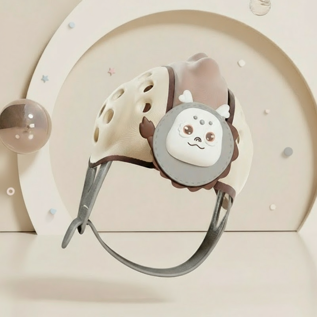 Beige and brown dragon headguard with ventilation openings and adjustable straps
