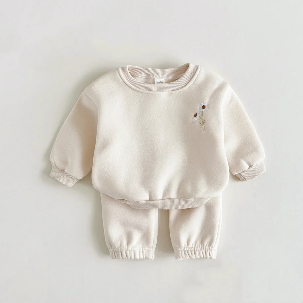 Beige baby tracksuit with floral chest embroidery and matching elastic-waist pants