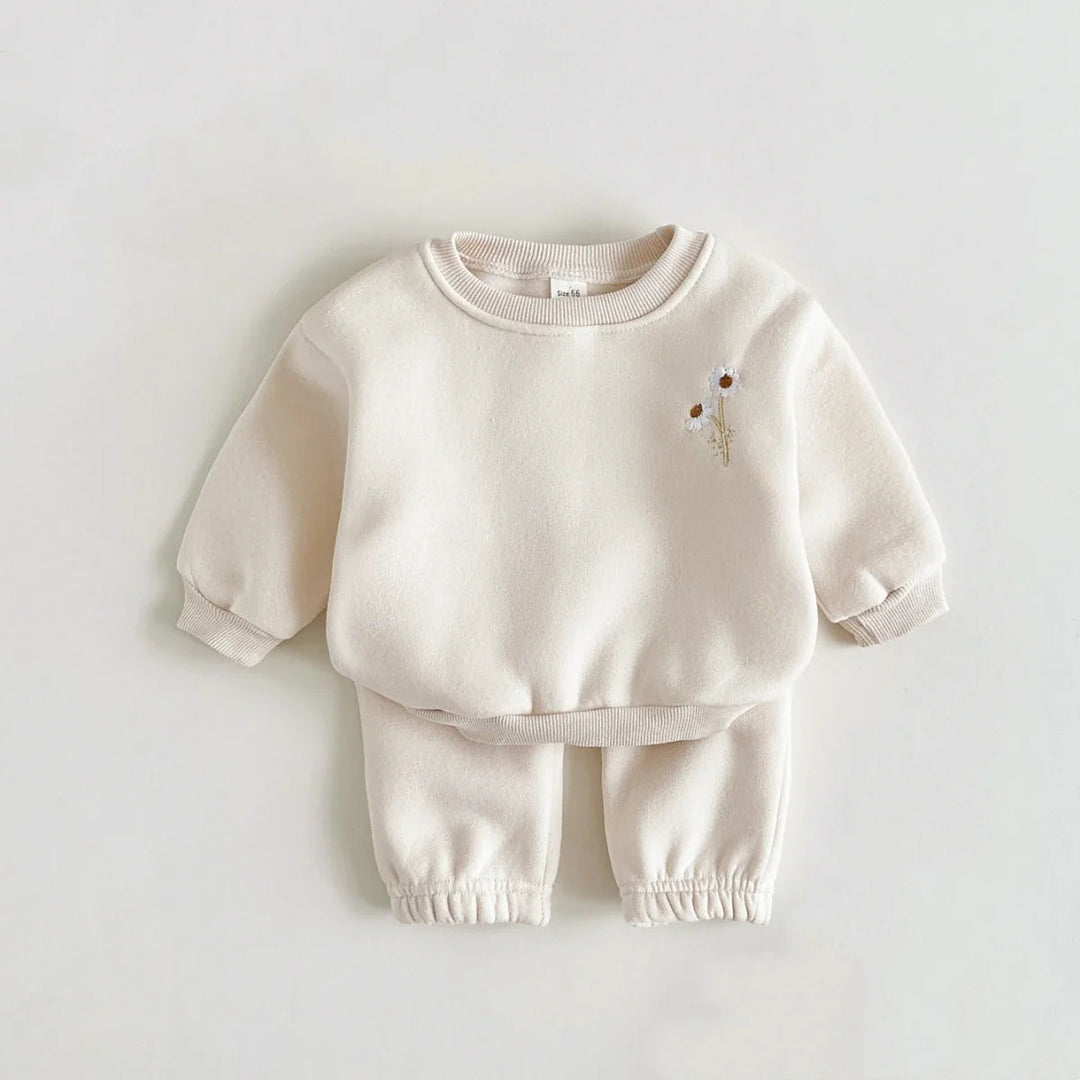Beige baby tracksuit with floral chest embroidery and matching elastic-waist pants