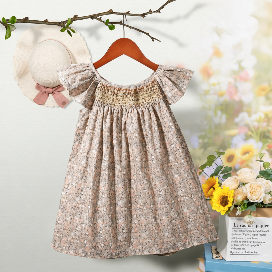 Beige floral dress with a smocked bodice and flutter sleeves on a wooden hanger.