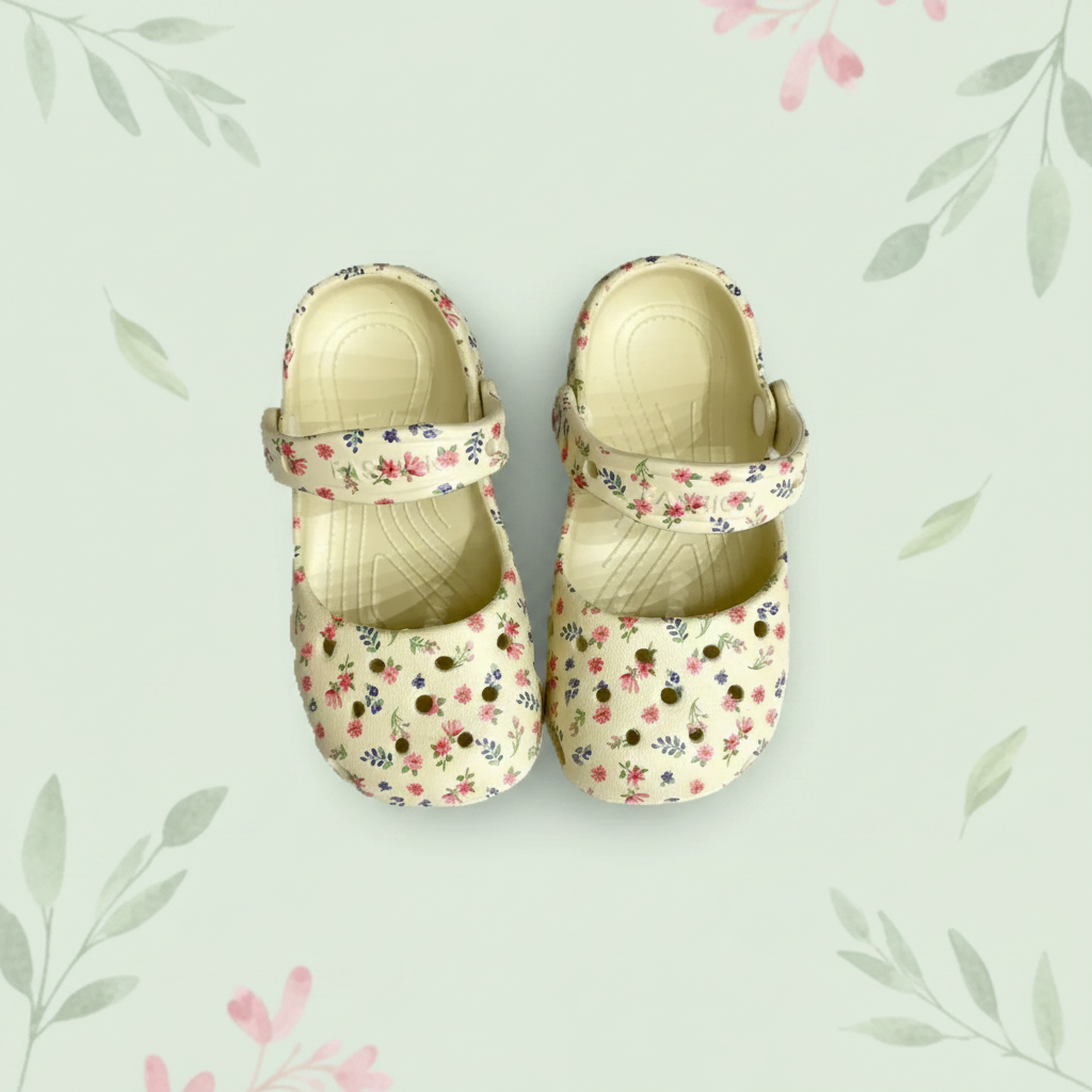Beige floral sandals centered on a pale green background with a floral border