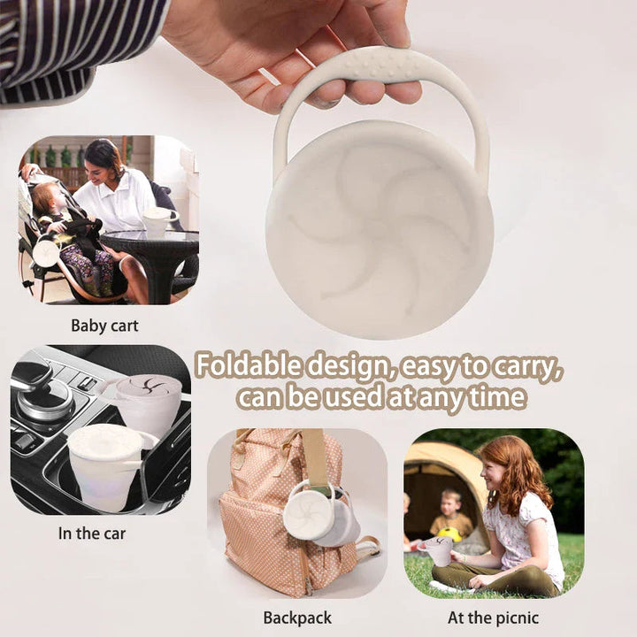 Folded beige snack cup held by its handle, with examples of use during outings
