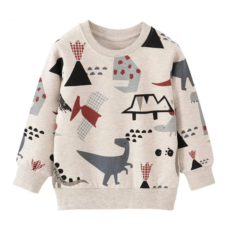 Beige crewneck sweatshirt with geometric dinosaur prints and ribbed cuffs