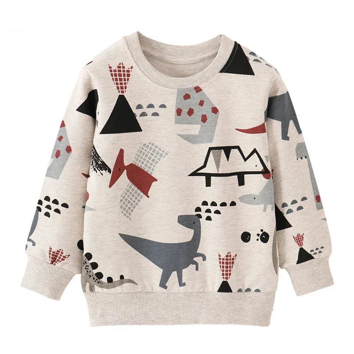 Beige crewneck sweatshirt with geometric dinosaur prints and ribbed cuffs