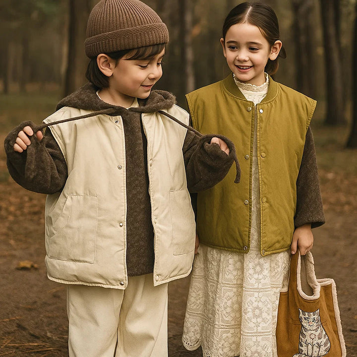 Two children wearing beige and olive green button-front vests in a woodland setting.